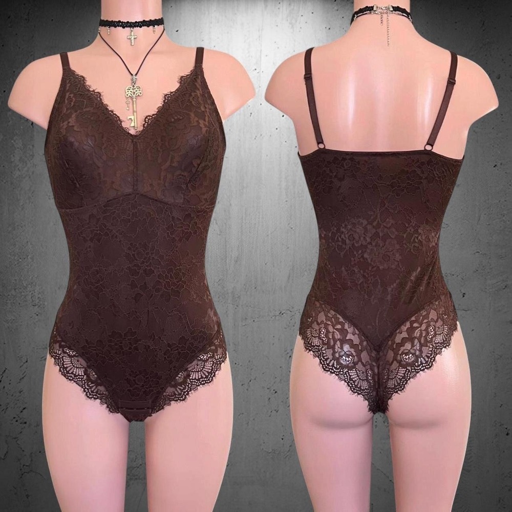 Shaper Floral Lace Compression Bodysuit Med Brown Shapewear Tummy Control Teddy
